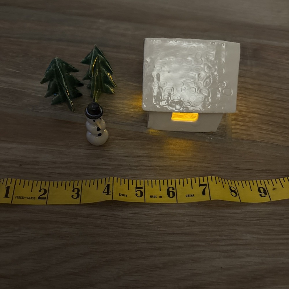 Handmade Mini Ceramic Lighted House 3" w/ 2 Trees & Snowman- Made In USA - Picture 10 of 11